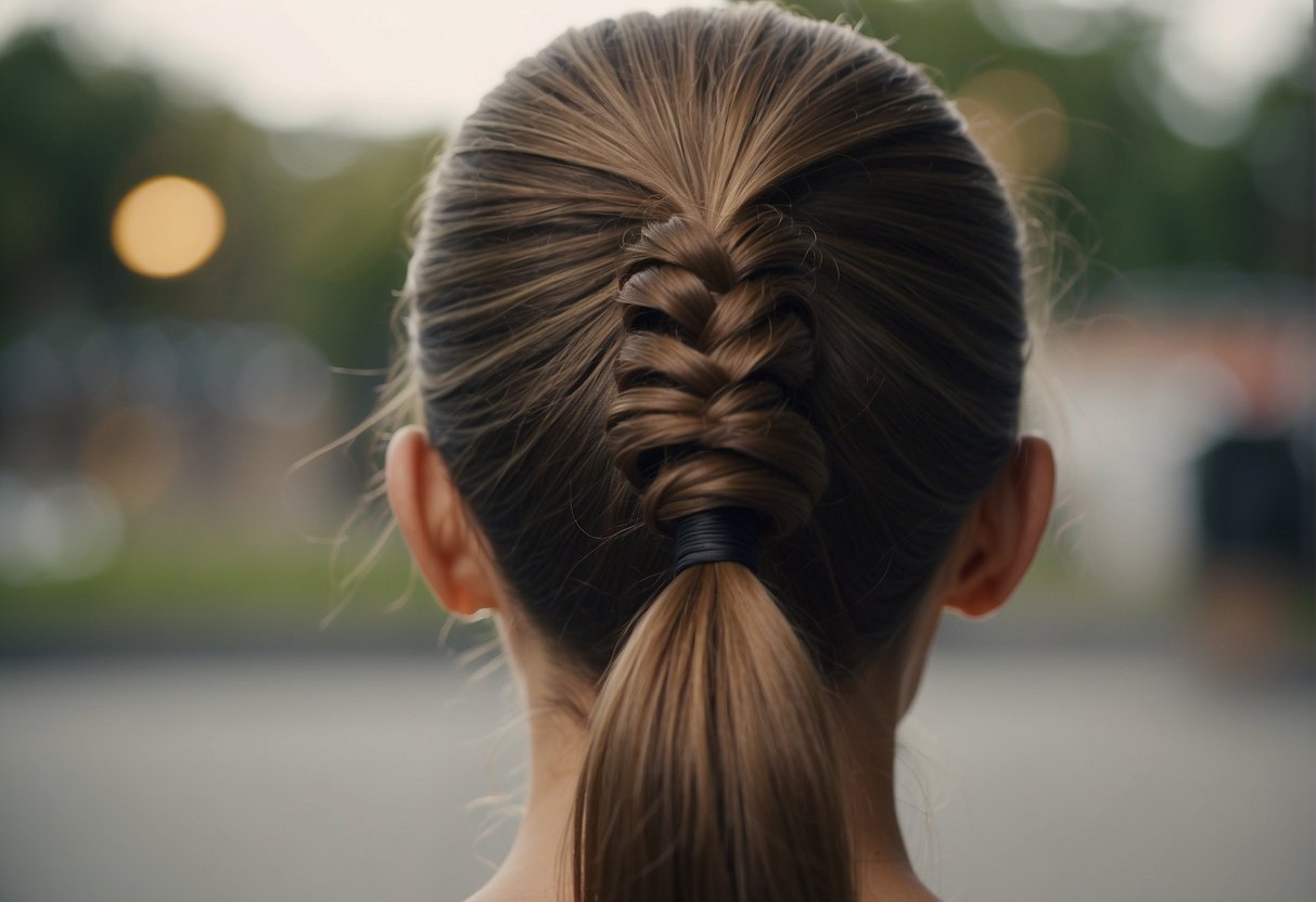 A close-up back view of a ponytail hairstyle with hair neatly gathered and tied at the nape of the neck