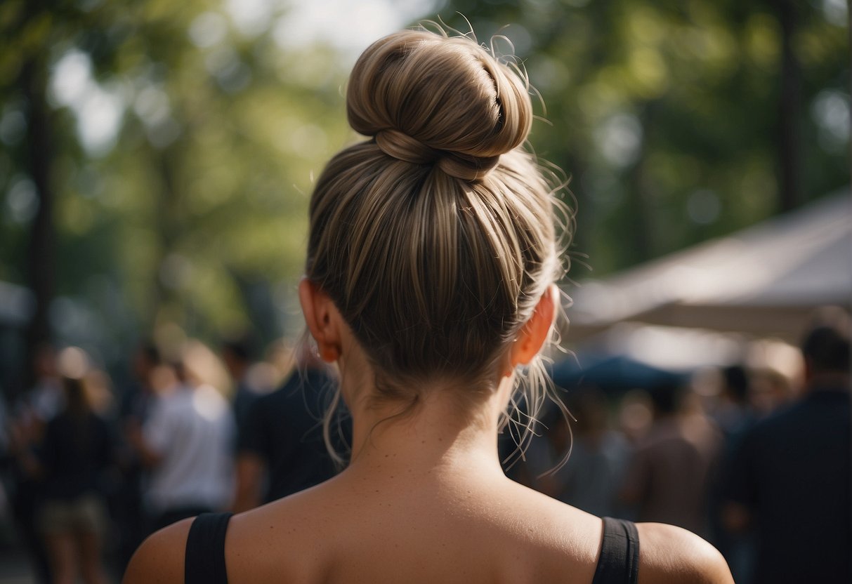 A close-up of a top knot bun hairstyle from the back