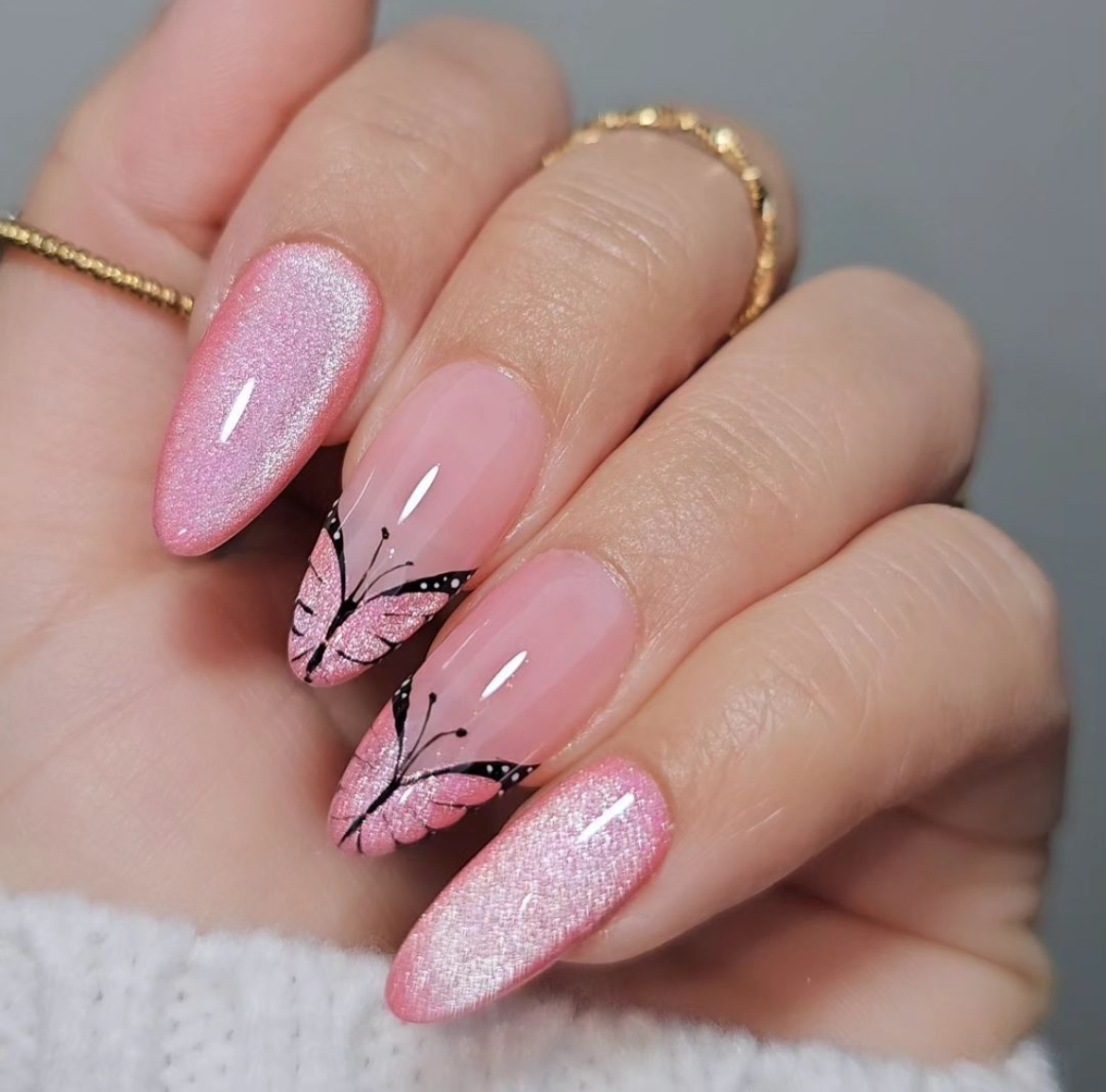 Summer Nail Inspo Pink Glitter Butterflies